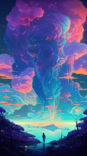 Een kleurrijke poster met een waterval en een wolk in de lucht.