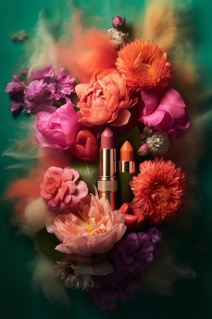 Een kleurrijke poster met lippenstiften en bloemen erop