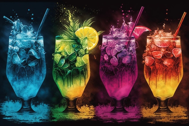 Foto een kleurrijke poster met verschillende gekleurde cocktails erop.