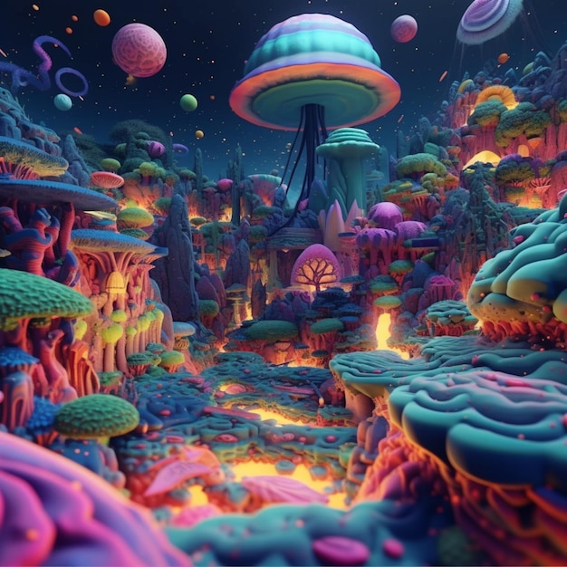 Een kleurrijke poster van een fantasiewereld met een ruimteschip en een planeet.