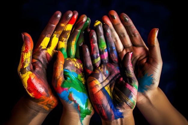 Een kleurrijke poster van handen met de kleuren van de regenboog