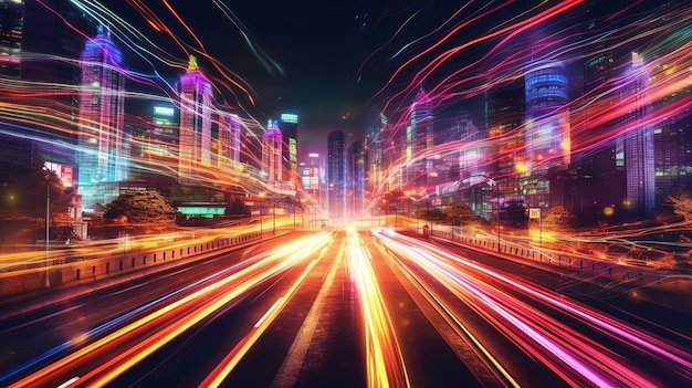 Een kleurrijke progressie Oprichting van City Light Trails Creatieve hulpbron AI gegenereerd