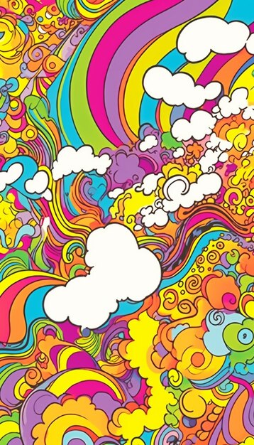 Een kleurrijke psychedelische achtergrond met wolken en regenbogen generatieve ai