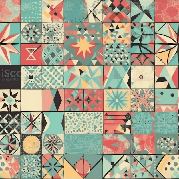 Een kleurrijke quilt met een patroon van vierkanten en het woord 'vierkant' op de onderkant.