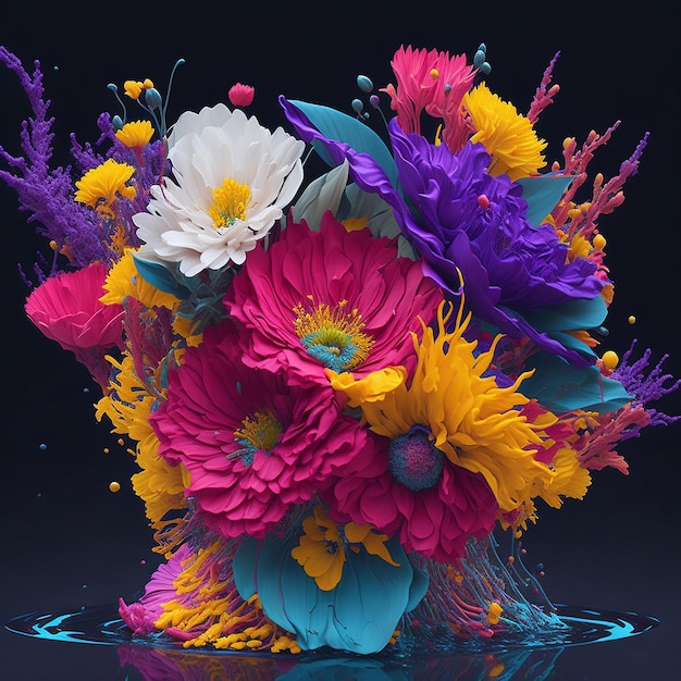 Een kleurrijke rangschikking van bloemen met vloeibare spetteringen