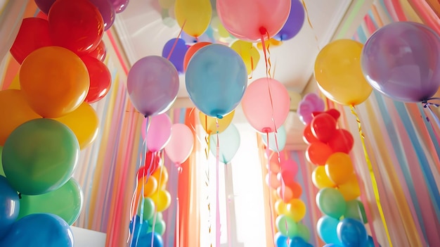 Een kleurrijke reeks ballonnen vult het frame en creëert een feestelijke en vrolijke sfeer
