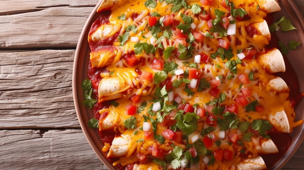 Een kleurrijke reeks enchiladas netjes gerangschikt op een bord met gesmolten kaas, cilantro en in stukjes gesneden tomaten