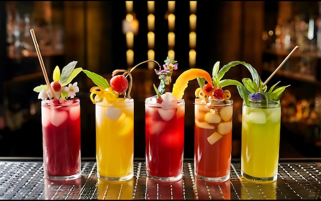 Een kleurrijke reeks feestdranken staat in het middelpunt. Elk glas is versierd met levendige versieringen die de levendigheid van de geest van de stad weerspiegelen.