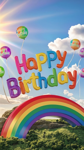 Foto een kleurrijke regenboog met ballonnen en de woorden happy birthday geschreven in het midden