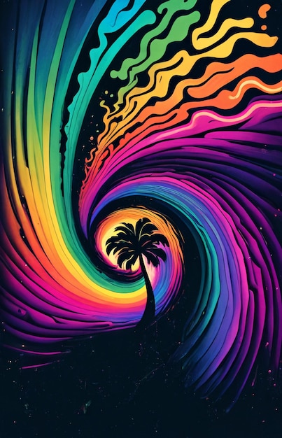 Een kleurrijke regenboogkleurige poster met een palmboom in het midden.