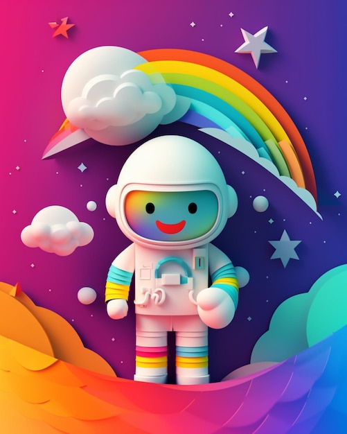 Een kleurrijke ruimteastronaut met regenboog en sterren op de achtergrond.