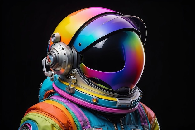 Een kleurrijke ruimtevaarder met een zwarte achtergrond en een regenboog op zijn helm