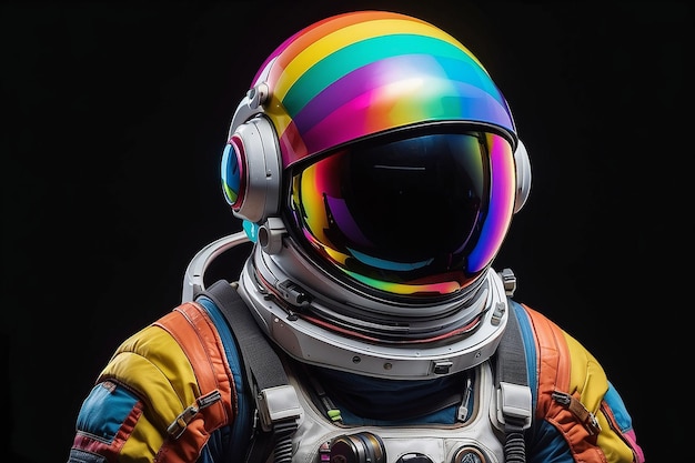 Een kleurrijke ruimtevaarder met een zwarte achtergrond en een regenboog op zijn helm