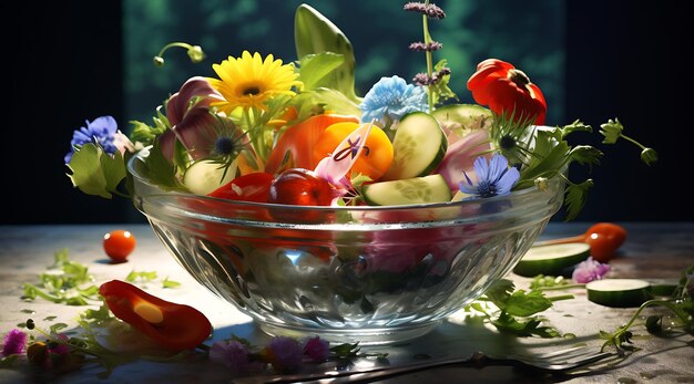 Foto een kleurrijke salade in een glazen schaal generatieve ai
