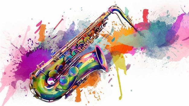 Een kleurrijke saxofoon met een regenboogkleurige achtergrond.