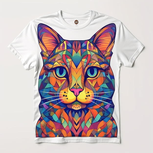 Een kleurrijke, schattige kat met een levendig t-shirtontwerp Kat in levendige primaire kleuren met psychedelica