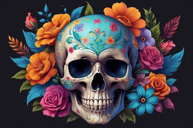Een kleurrijke schedel met bloemen en een schedel erop.