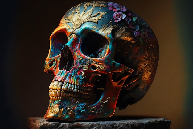 Een kleurrijke schedel met bloemen erop