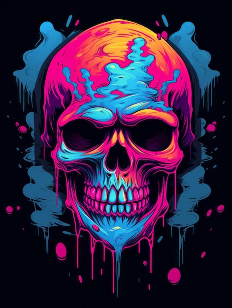 een kleurrijke schedel met druipende verf op een zwarte achtergrond