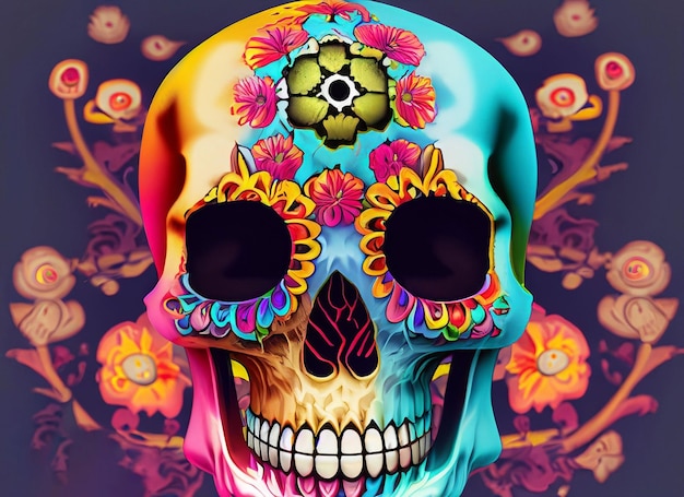 Een kleurrijke schedel met een bloemenpatroon