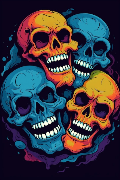 Een kleurrijke schedel met een zwarte achtergrond en het woord schedel erop.