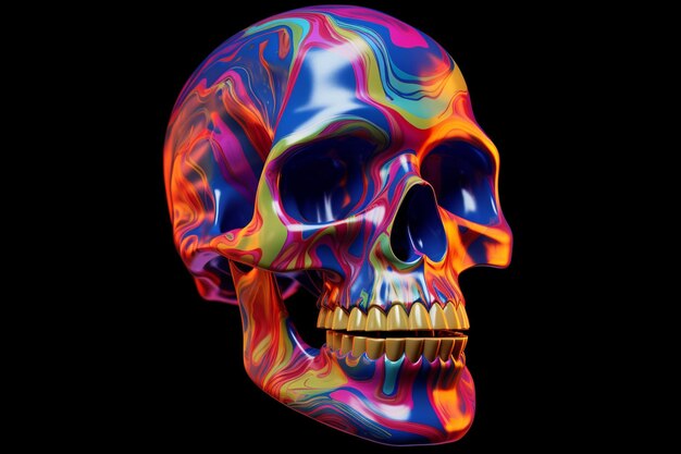 Een kleurrijke schedel met een zwarte achtergrond