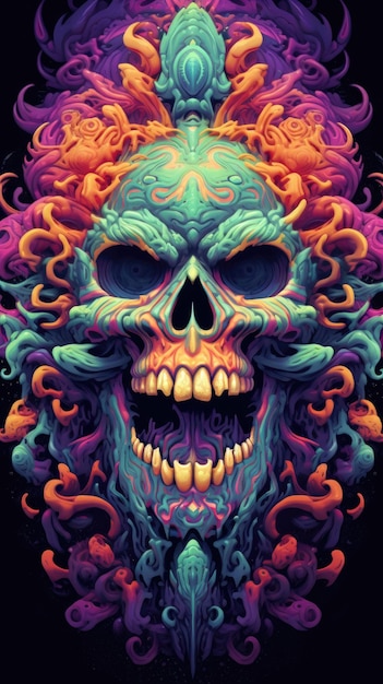 Een kleurrijke schedel met veel kleuren erop.