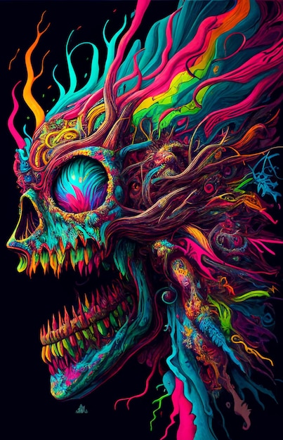 Een kleurrijke schedel waar een boom uit groeit.