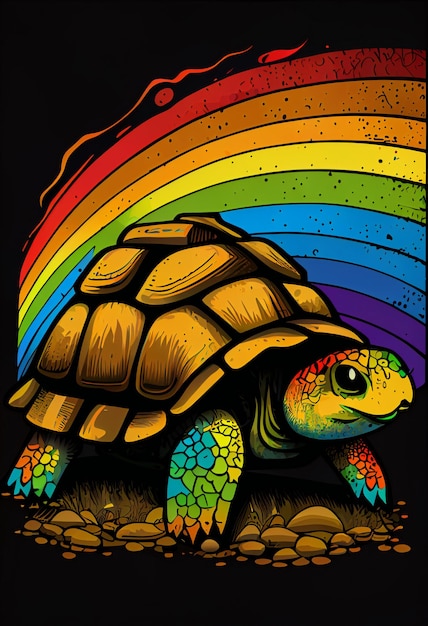 Een kleurrijke schildpad met een regenboog op zijn rug