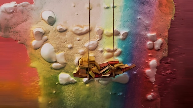 Een kleurrijke schommel met een regenboog op de achtergrond