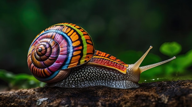 Een kleurrijke slak met een grote schelp op zijn gezicht is beschilderd