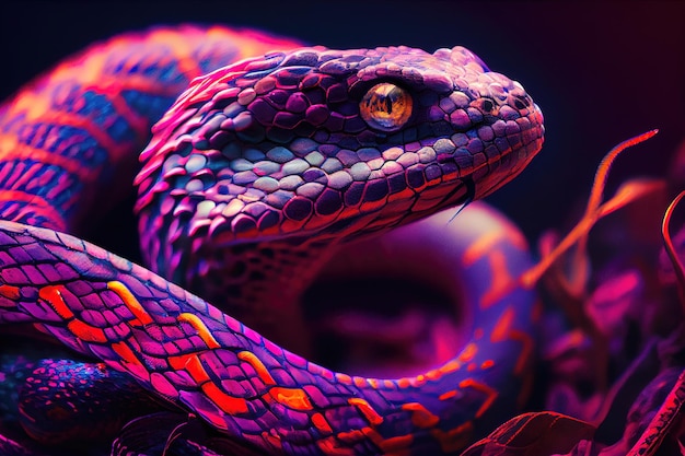 Een kleurrijke slang met een rood oog