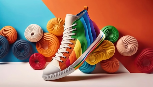 Een kleurrijke sneaker met het woord adidas erop