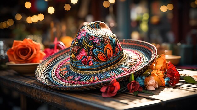 Een kleurrijke sombrero op tafel met ingewikkelde borduurwerk en levendige patronen