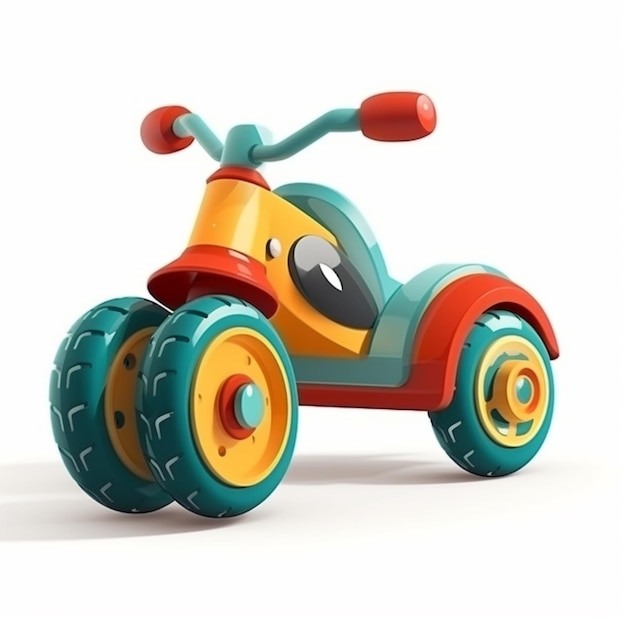 Een kleurrijke speelgoedauto met het woord scooter erop.