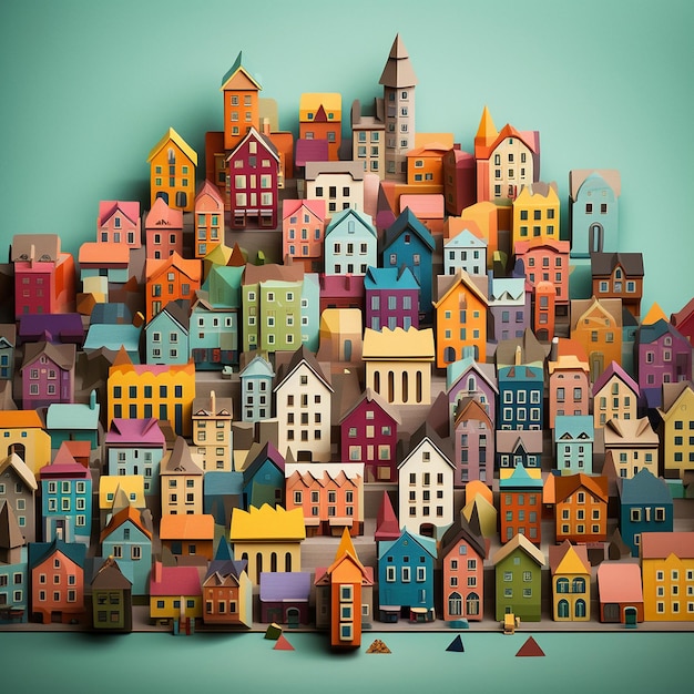 een kleurrijke stad met veel huizen en een boot in de hoek.