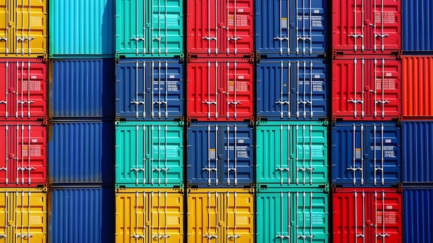 Een kleurrijke stapel containers met bovenaan een container waarop staat