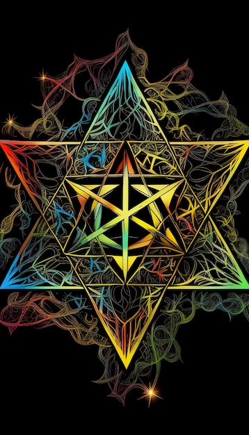 Foto een kleurrijke ster met het woord pentagram erop