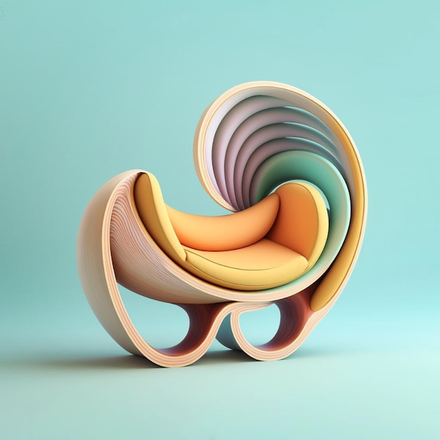 Een kleurrijke stoel met een spiraalvormig ontwerp waarop 'het woord' staat.
