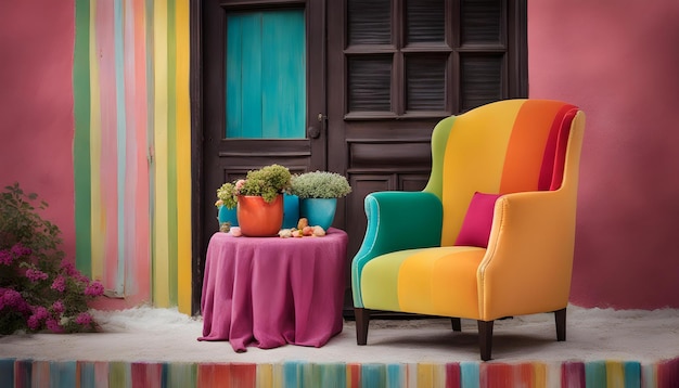 Foto een kleurrijke stoel zit voor een deur met een kleurrijk gestreepte tapijt