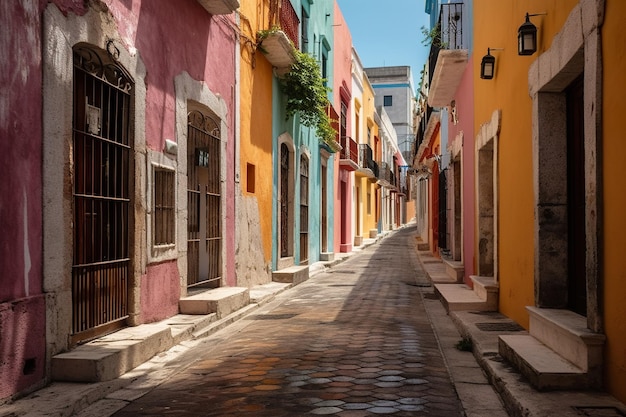 Een kleurrijke straat in Mexico met een bord met de tekst "San Miguel".