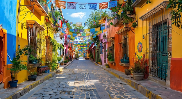 Een kleurrijke straat in Oaxaca, Mexico, met gebouwen