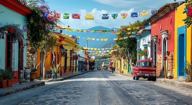 Een kleurrijke straat in Oaxaca, Mexico, met gebouwen