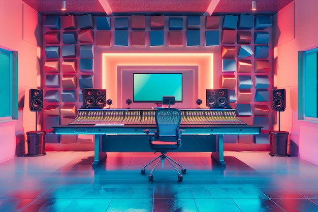 Een kleurrijke studio met een groot mixbord en twee luidsprekers