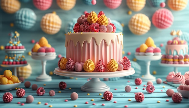 Een kleurrijke taart onderscheidt zich van een verscheidenheid aan desserts op een illustratie van een afstudeerfeest