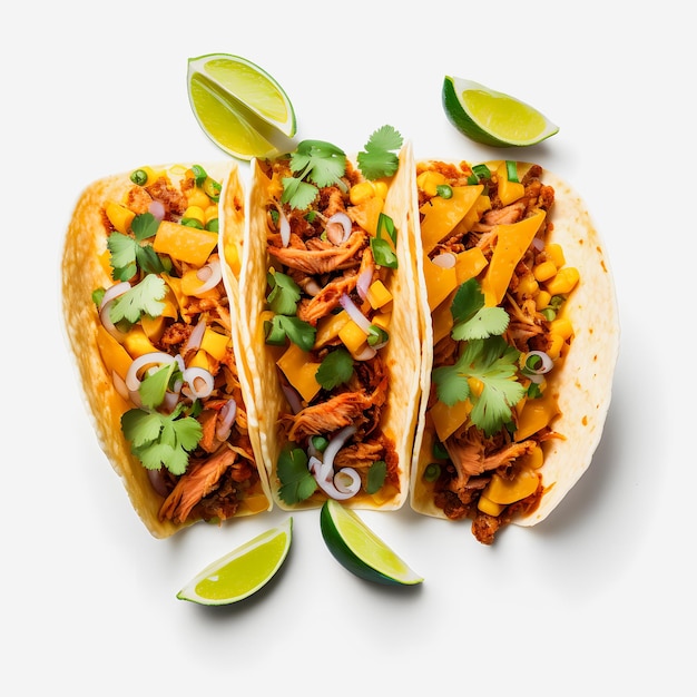 Een kleurrijke Tacos al Pastor op witte achtergrond. Sappig gemarineerd varkensvlees, verse ananas en koriander.