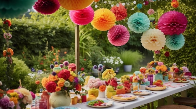 Een kleurrijke tafel met een tafel vol kleurrijke papieren bloemen en een bos kleurrijke papieren bloemen.