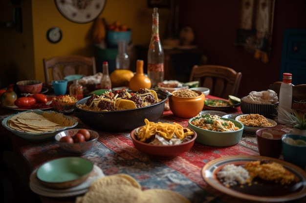 Een kleurrijke tafel met kleurrijk Mexicaans eten