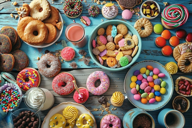 Een kleurrijke tafel met snoep, donuts, snoep en koekjes.