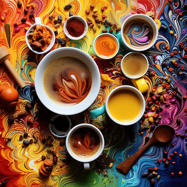 een kleurrijke tafel met veel verschillende gekleurde mokken en lepels internationaal koffiedagconcept